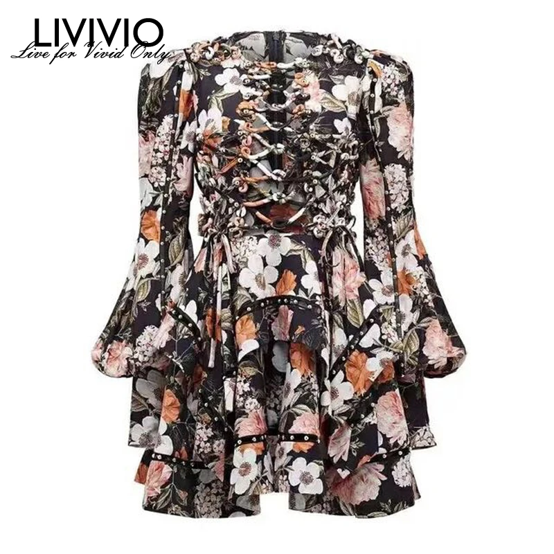 

[LIVIVIO] Floral Print Lace Up Round Neck Lantern Long Sleeve Ruffle Irregluar A-Line Mini Dresses Women 2019 Autumn Fashion