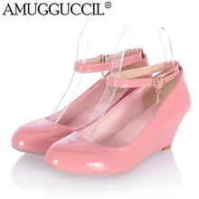 Большие Размеры; большие размеры 31-43, цвета: черный, бежевый, розовый/синий/зеленый/белый; Пряжка; милая обувь для девочек; Туфли на танкетке; женские туфли-лодочки D202