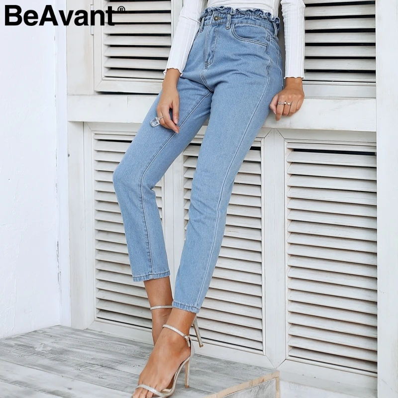 

BeAvant Light blue skinny jeans woman bottom Ruffle casual high waist jeans female pants Autumn zipper ladies jeans pencil pants