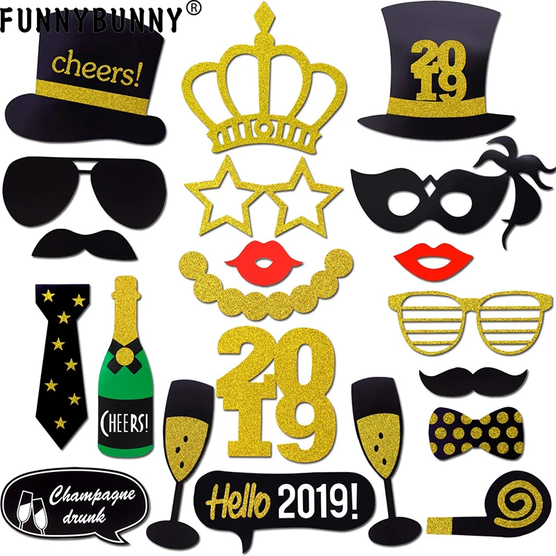 

FUNNYBUNNY New Years Photo Booth Props Kit 21Pcs Funny New Years Eve Party Photo Booth for New Year Party Decor