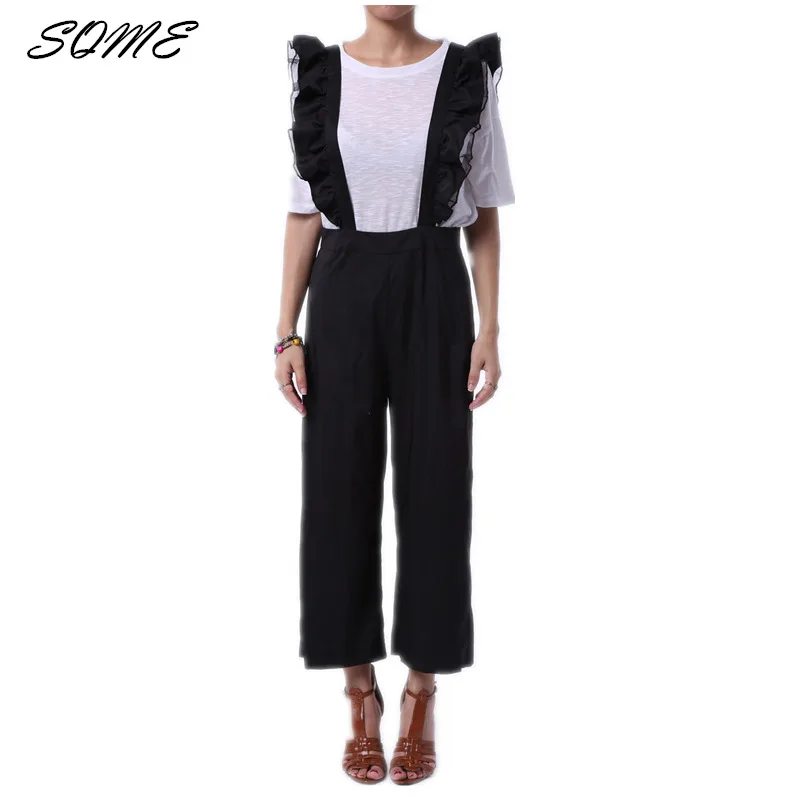 Fashion Women Suits 2016 Autumn Overalls Black Belted Wide Leg Overalls and T Shirt Twinset long
