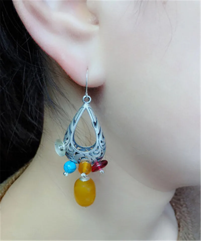 

BESTLYBUY 925 sterling silver Thai silver yellow agates earrings exaggerated atmospheric fashion Bohemian earrings