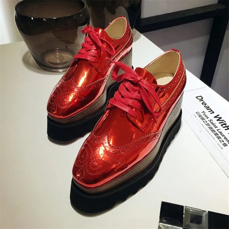 Mirror Patent Leather Womes Pumps Square Toe Lady Platform High Heels Brogues Shoes College Casual Wedegs Oxford Shoes For Woman (1)
