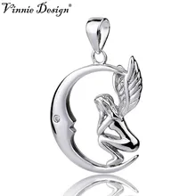 Vinnie Design Jewelry 100% 925 Sterling Silver Moon Angel Pendant Necklace Fine Jewelry for Women Girls Christmas Gifts