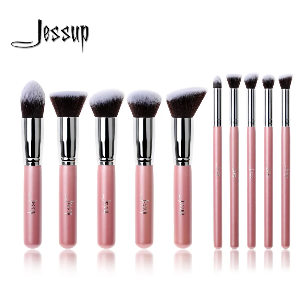 Professional 10pcs Pink Silver Foundation Blush Liquid Brush Kabuki Makeup Brush Tools
