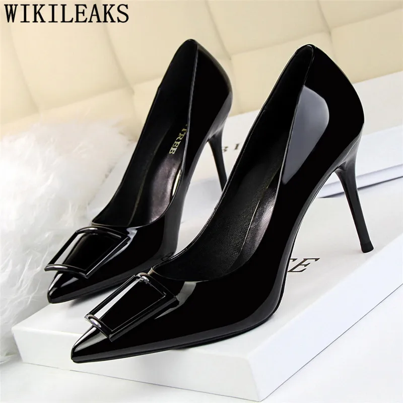 

Patent leather Square buckle women high heels bigtree shoes black heels sexy pumps women shoes dress shoes women sapato feminino