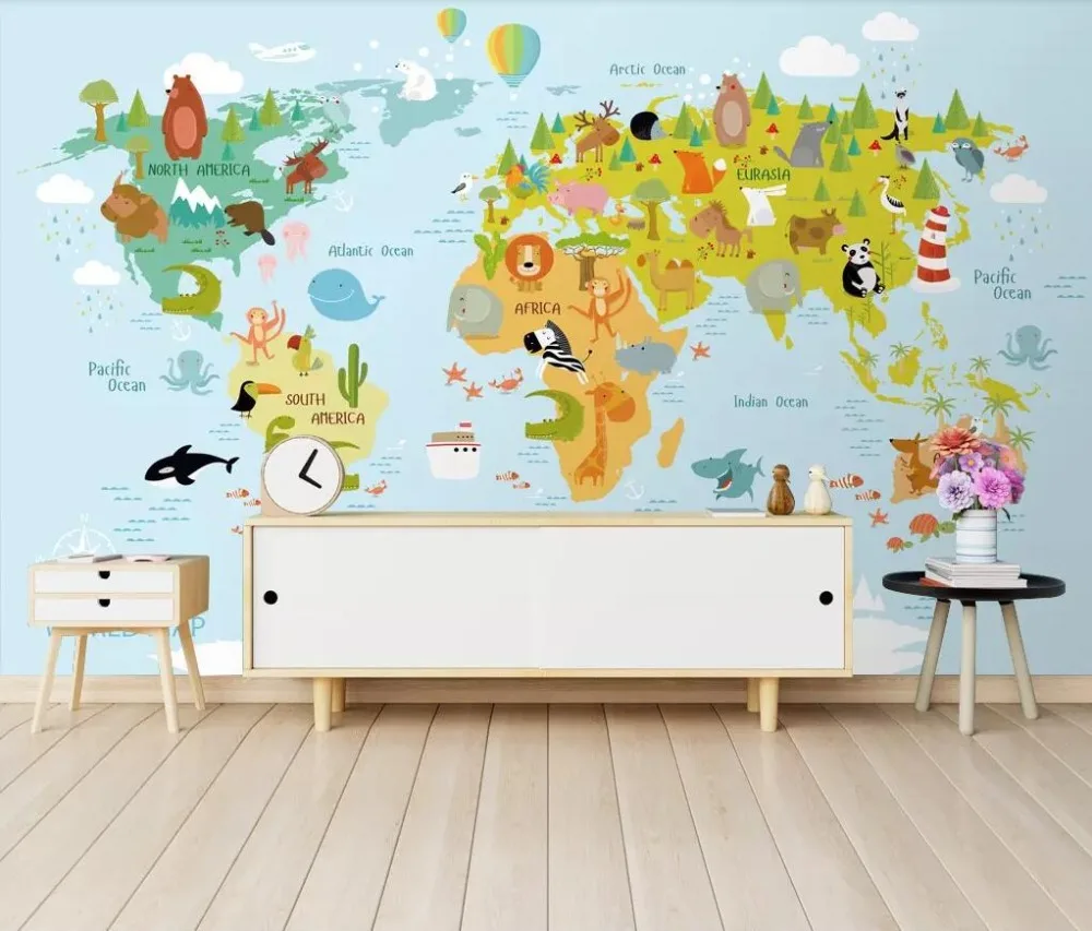 Description Picture 4 of itembeibehang Custom Nordic modern mural wall paper for wall cartoon animal world wallpaper for kids room children's room background