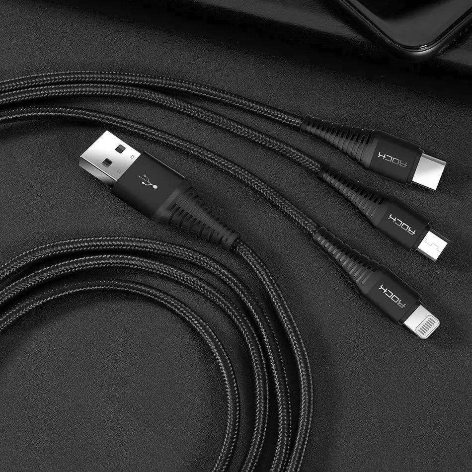 ROCK 3 в 1 usb type C Micro USB и зарядный кабель для iPhone, высокопрочный зарядный USB кабель для iPhone X 8 7 6 6 Plus