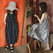 Брендовое платье для маленьких девочек Новинка года, Летнее Детское льняное пляжное платье в полоску в богемном стиле платье для мамы и дочки#3833