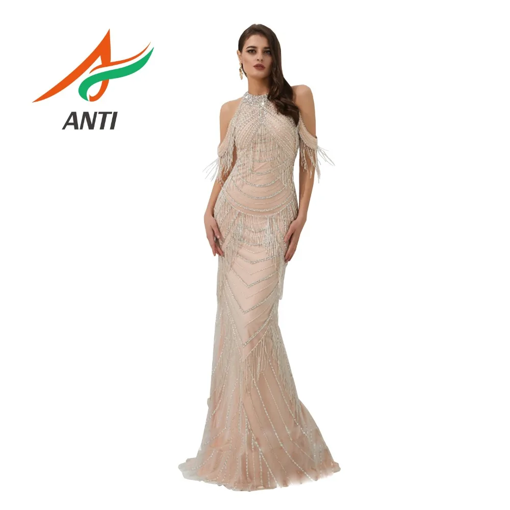 

ANTI Long Arabic Turkish Champagne Off The Shoulder Mermaid Formal Evening Dress luxurious Beading Party Gowns Abendkleider 2019