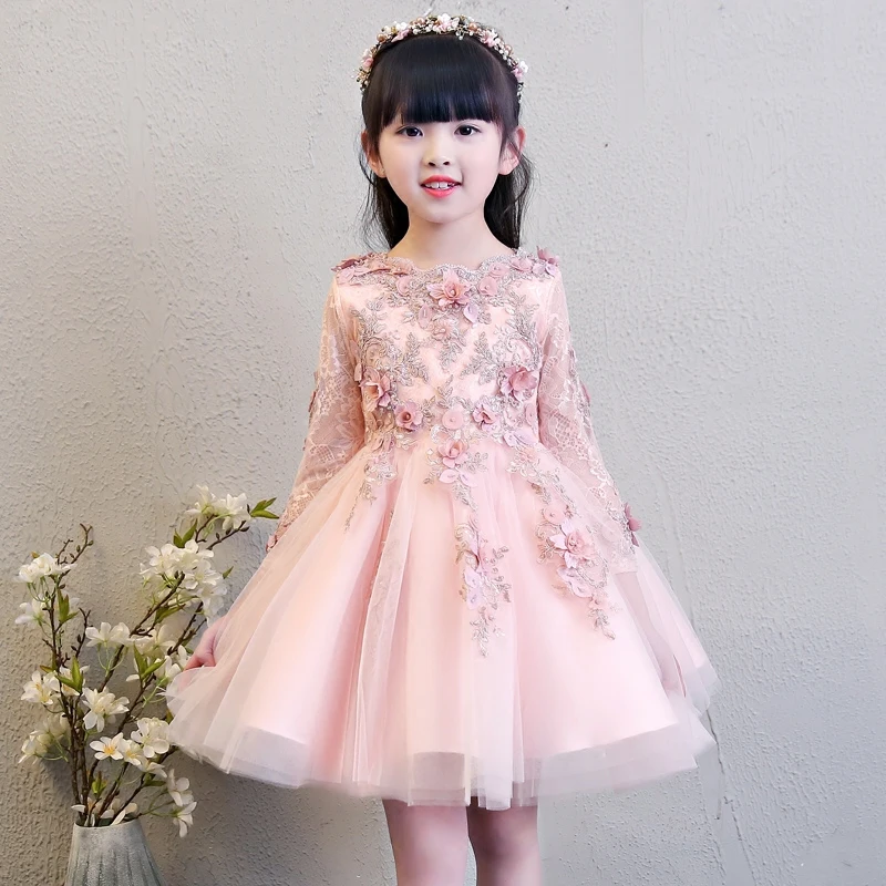 

Long Sleeve Pink Appliques Princess Style Flower Girl Dresses for Wedding Ball Gown Kids Pageant Dress Birthday Show Costume B83