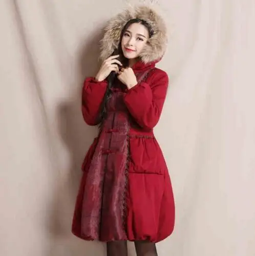 

2019 Winter New Fashion Cotton Coat Women's Elegant Vintage Outwear Slim Single Breasted Fur Collar Hooded Padded Jackets