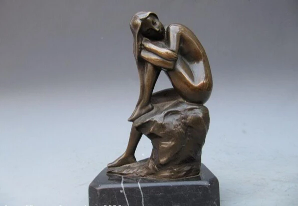 

Collectible bronze lion statue S0992 Art statuary Pure Bronze Carve Seductive Posture Nude Woman On Stone B0403
