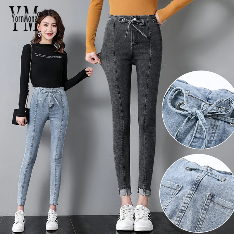 

YornMona Korean Style Bow Drawstring Skinny Jeans 2019 New Coming High Waist Elastic Stretch Women Jeans Pants Streetwear Bottom