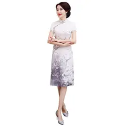 Белый Новый стильный принт в китайском стиле платье трапециевидной формы Винтаж женские короткие Qipao шифон Классический этап шоу