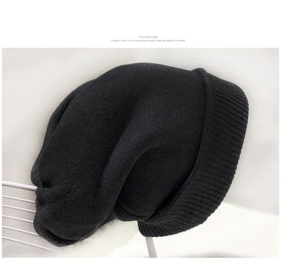 Зимние толстые вязаные шапки, шапки унисекс, одноцветные теплые вязаные шапочки Skullies Beanies, двухслойные - Цвет: Черный