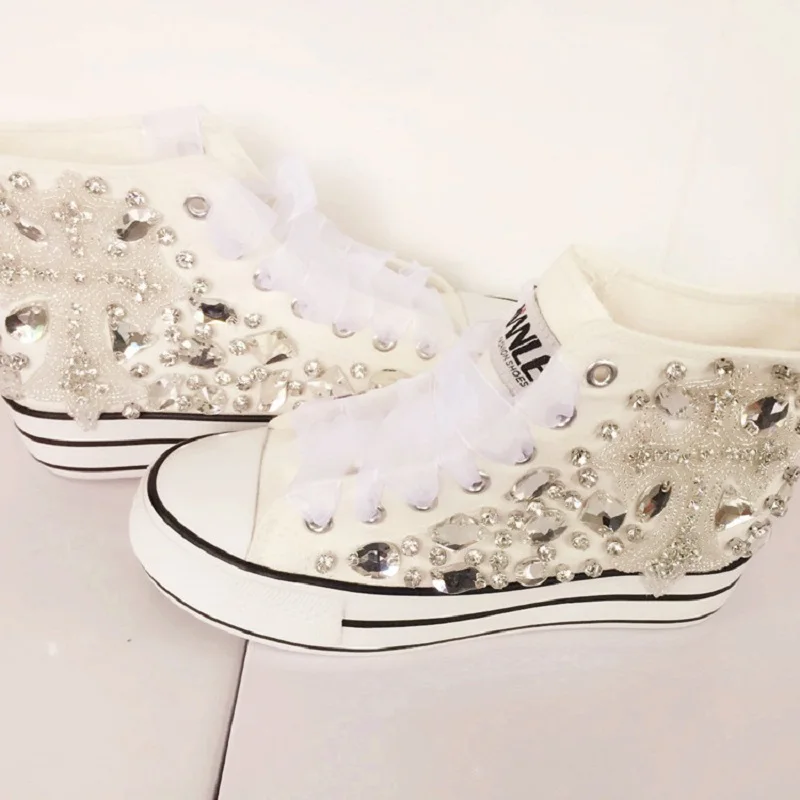 

New fashion thin section breathable Crowe heart jewel full diamond canvas Thick bottom inside increase women's shoes high shoes