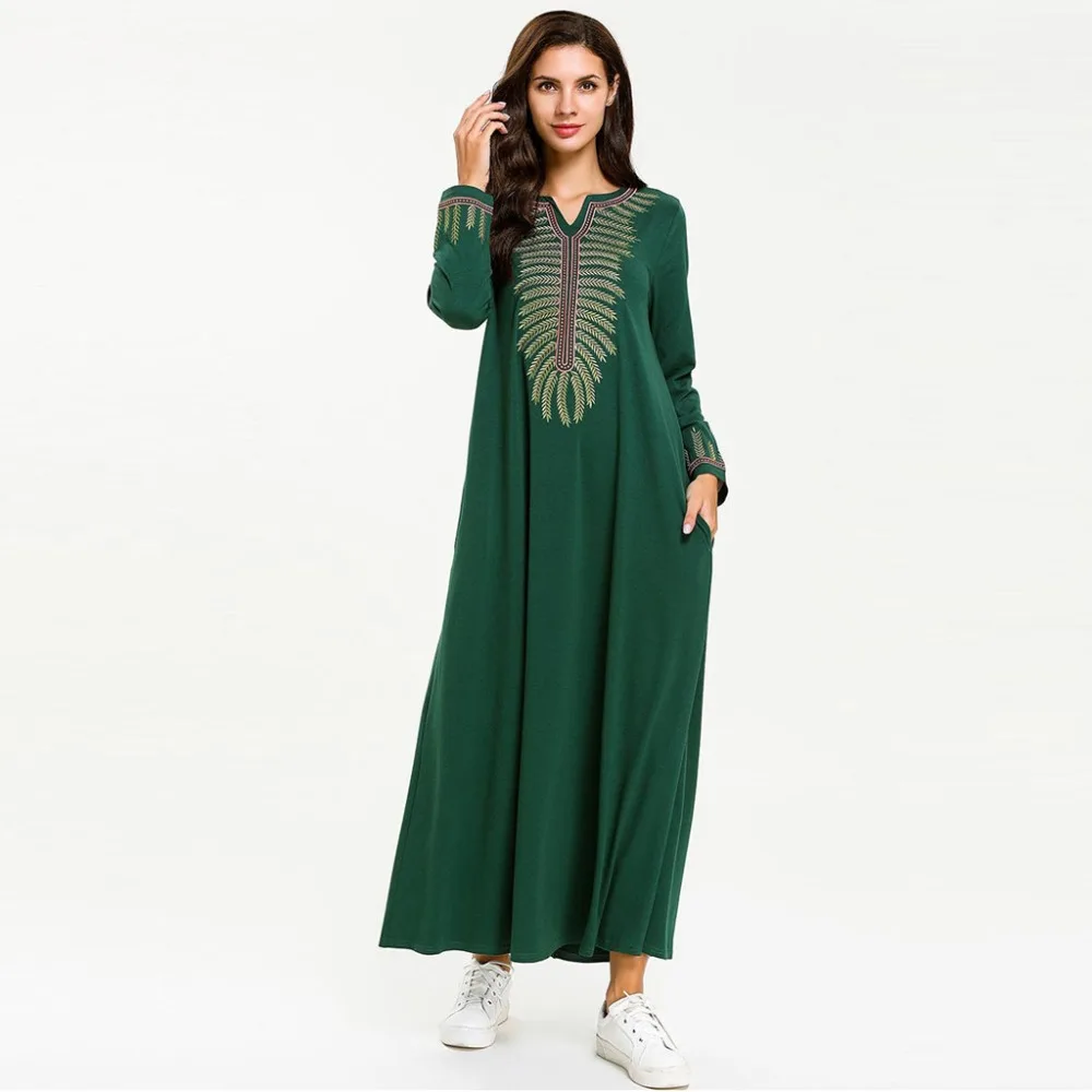 Женское платье с длинным рукавом Abaya Кафтан из полиэстера О образным вырезом и