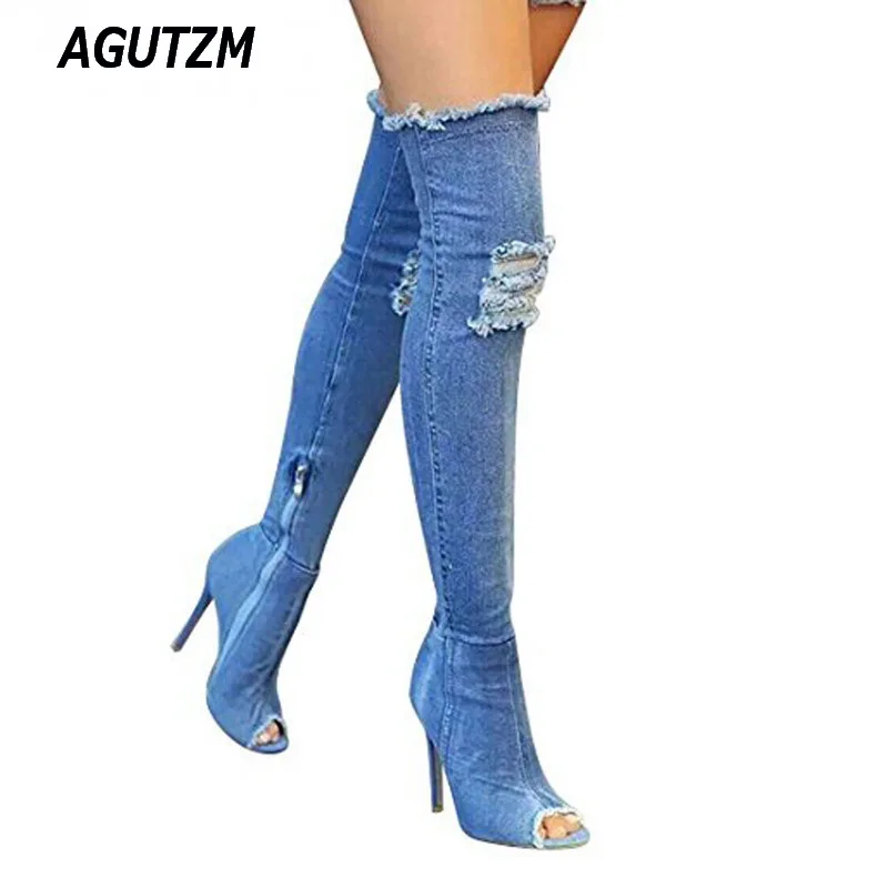 

Women Boots Over The Knee Boots high heels autumn peep toe High quality elastic jeans summer fashion boots plus size
