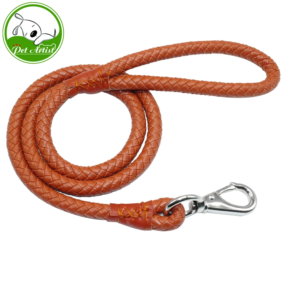 4ft Rolled Round Soft Leather Dog Leash Brown Braided Pet Walking