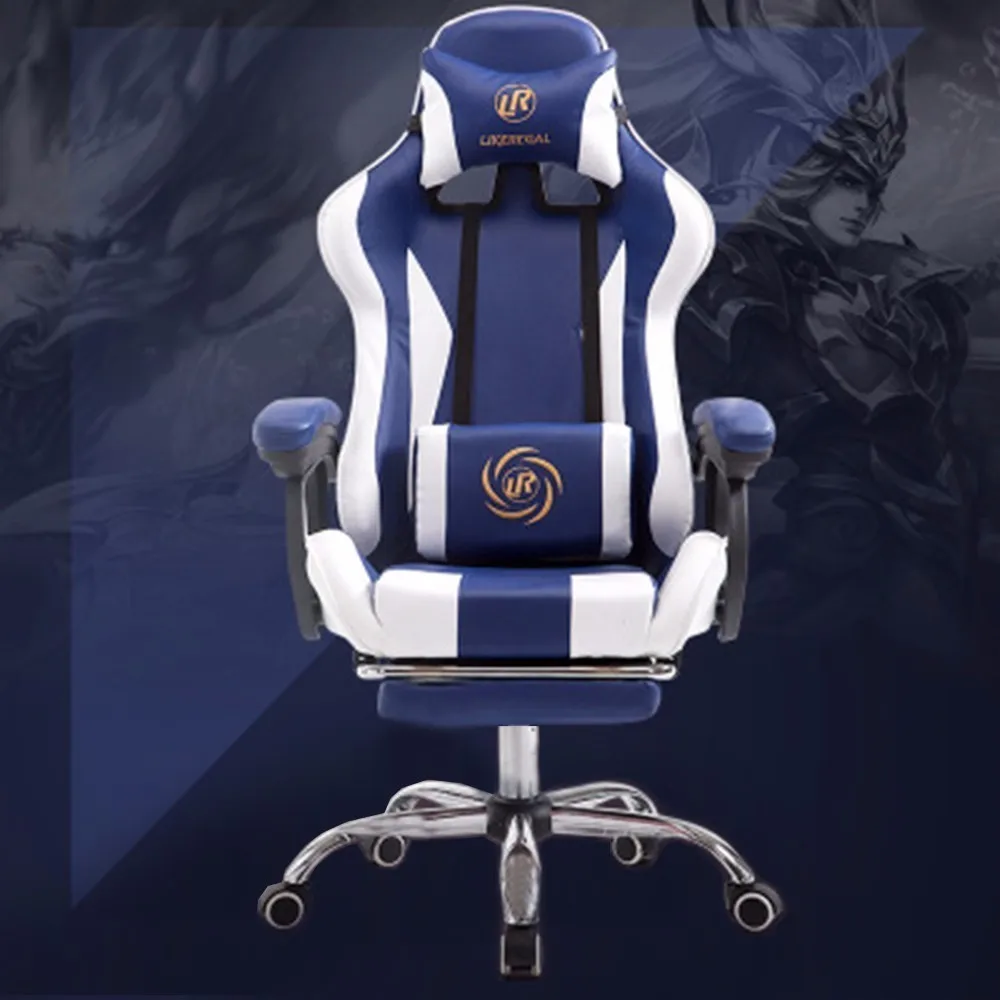 

Blue and white with footrest multi-function fashion home reclining office chair with pedal racing seat game chair