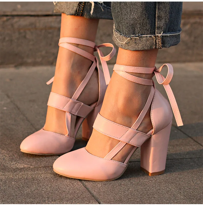 Women Pumps Comfortable Thick Heels Women Shoes Brand High Heels Ankle Strap Women Gladiator Heeled Sandals 8.5CM Wedding Shoes 7