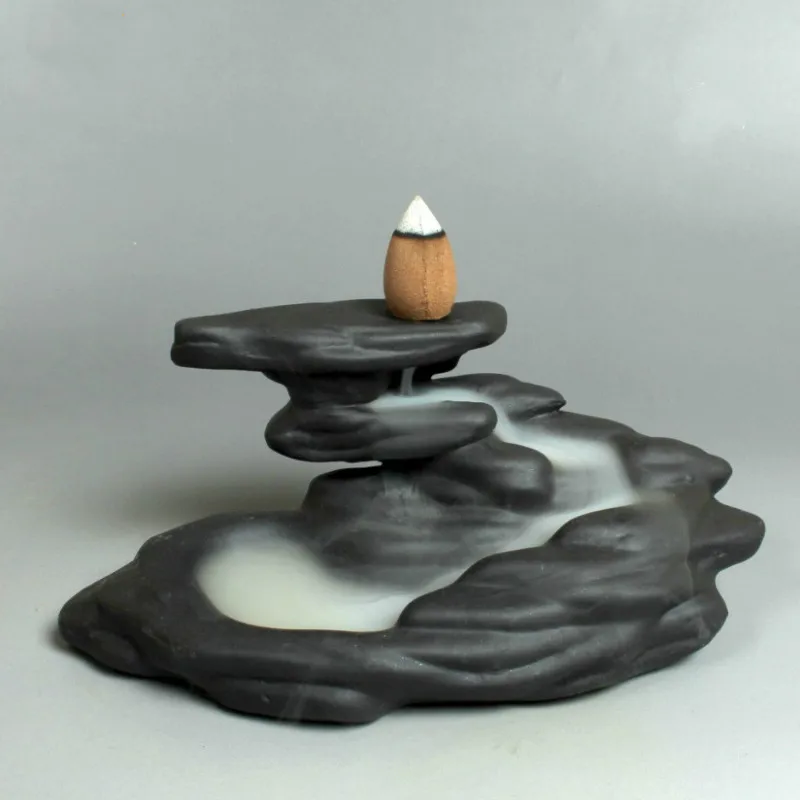 T Black Ceramic Incense Burner Smoke Backflow Cone Cense Holder Home