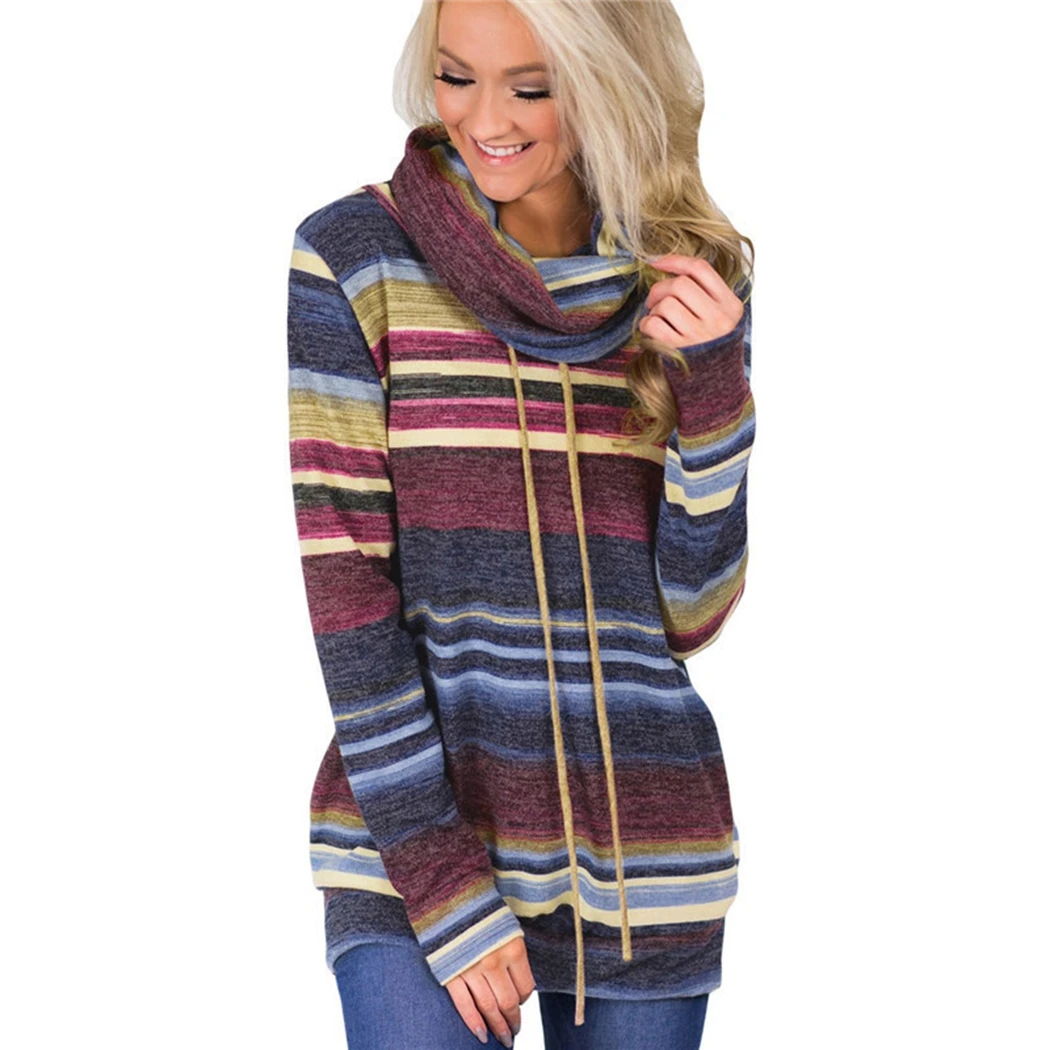 

Vintage Winter Lace Up Striped Womens Turtleneck T-Shirts Autumn Ladies Oversized T Shirt Long Sleeve Camiseta Feminina A4