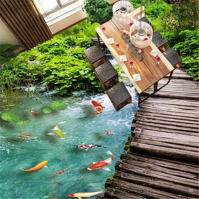 Beibehang Custom 3d flooring Waterproof Stickers 3D Floor Tile Stickers Nine Fish and Wooden Bridge Customize any size flooring