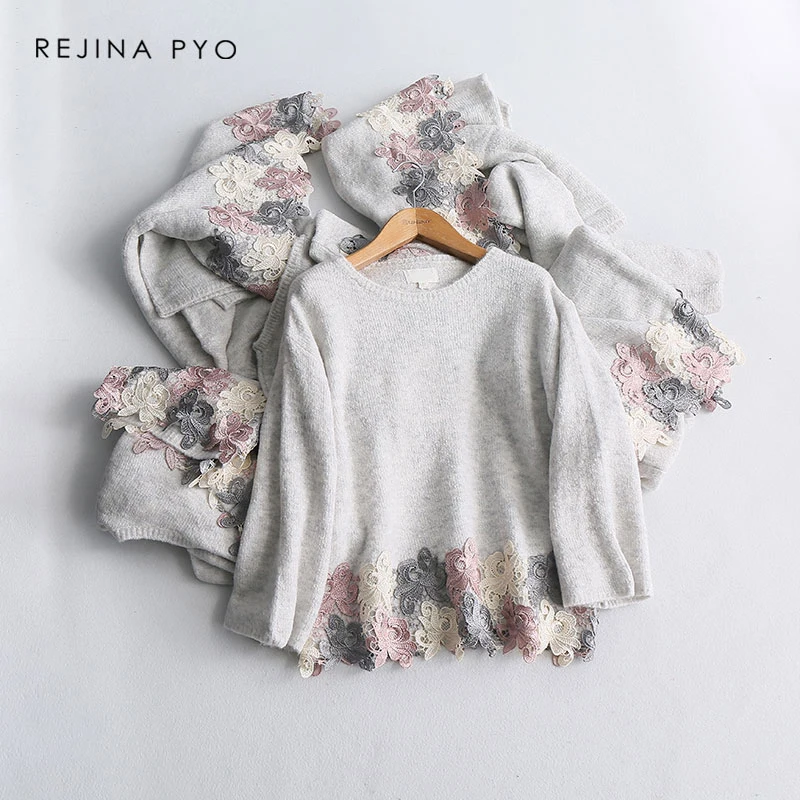 REJINAPYO النساء رمادي الدانتيل الكروشيه عارضة محبوك سترة السيدات أنيقة س الرقبة مريحة فضفاضة محبوك البلوفرات سترة