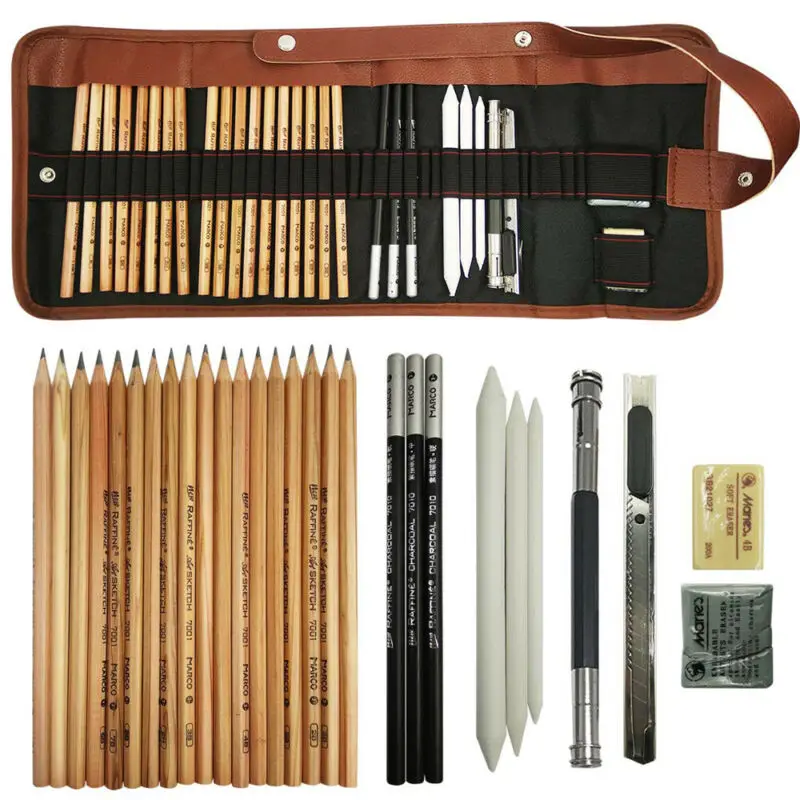 

29PCS Sketch Pencils Set Artist Sketching Supplies Kit Canvas Roll Up Case