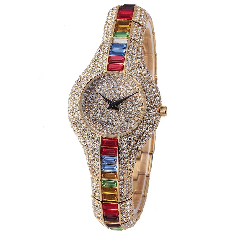 

Luxury Colorful Crystal Watch For Women Full Iced Out Quartz Watches Waterproof Watch Alloy Strap Wristwatch Party Gift W0004