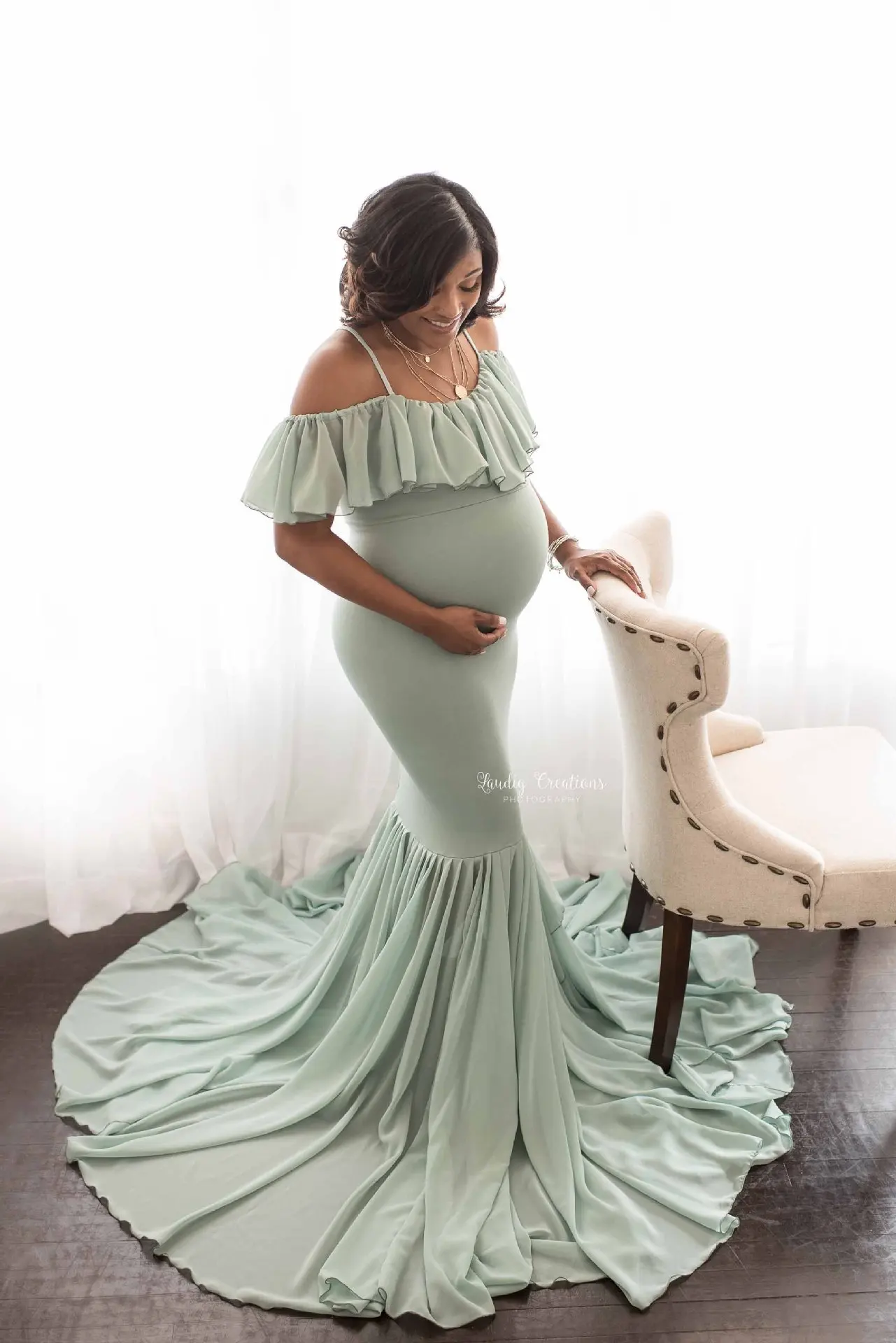 Womens Floral Pregnant Off Shoulder Dress for Maternity Clothes Photography Props Cold Shoulder Maternity Dress
