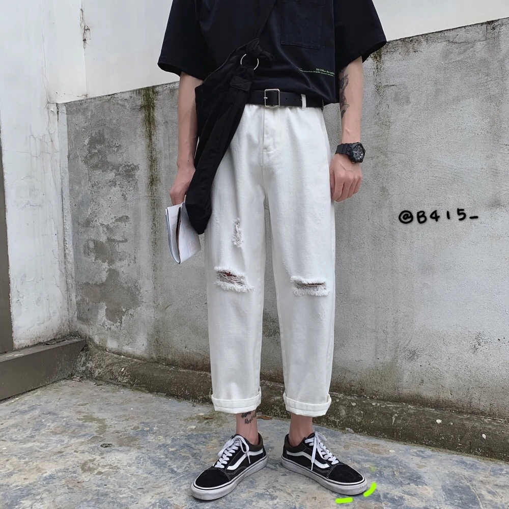 2019 летние мужские повседневные брюки с дырками мешковатые мужские классические джинсы с накладной карман мужские черные/белые байкерские