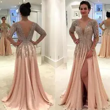 Великолепное новое длинное вечернее платье v-образный вырез с длинным рукавом с бисером шифоновое ТРАПЕЦИЕВИДНОЕ ПЛАТЬЕ С РАЗРЕЗОМ для выпускного вечера Robe de soriee