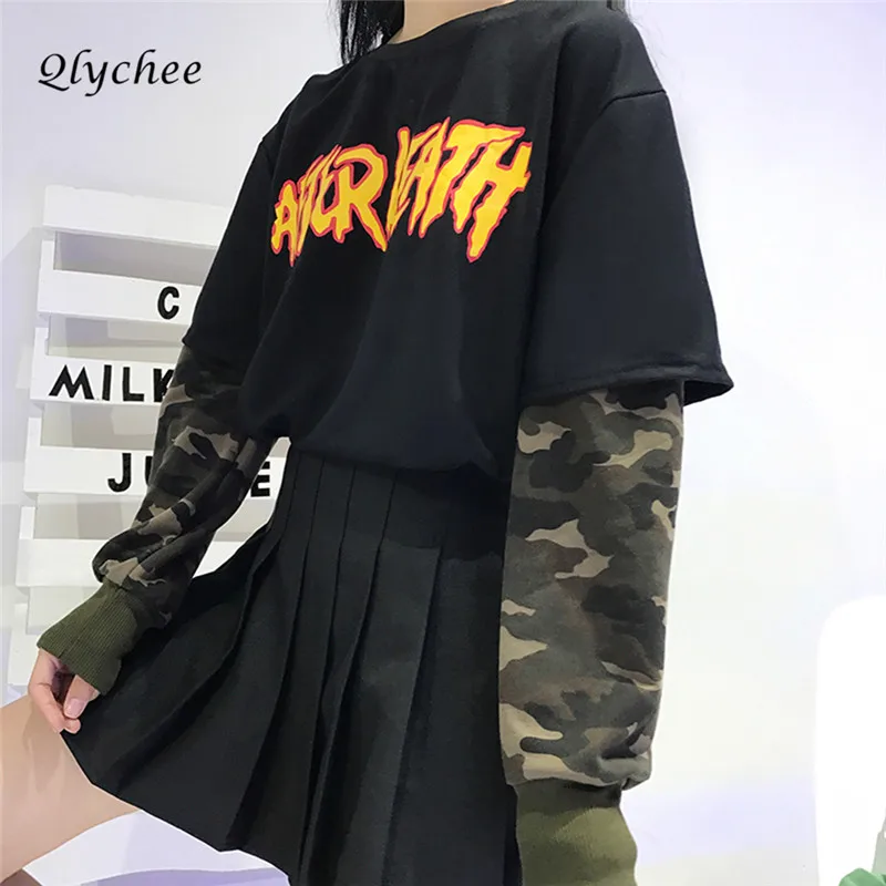 Qlychee Camouflage Patchwork Long Sleeve Women Sweatshirt Casual Streetwear Letter Print Punk Style Hoodies Female Sweatshirts Hoodies