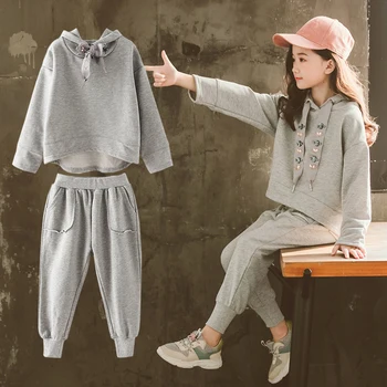 

2020 Sport Suit Teenage Girls Clothing Set Long Sleeve Tops Hooded Sweatshirts + Pants Casual Children Girls Clothes 10 12 Years