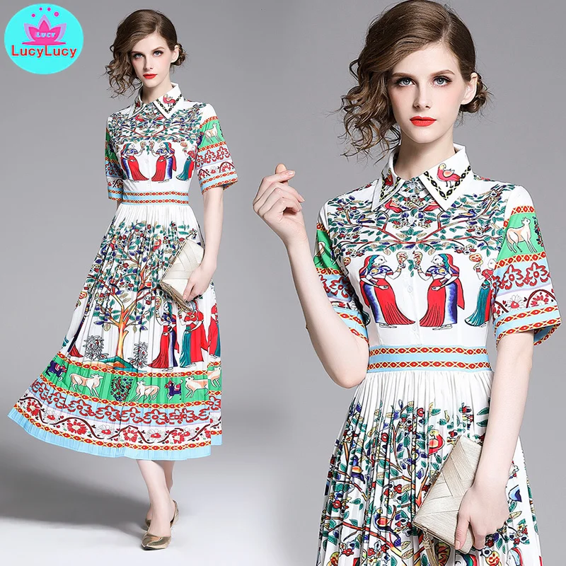 

2019 summer European and American fashion new long section retro lapel print high waist pleated dress female Bohemian