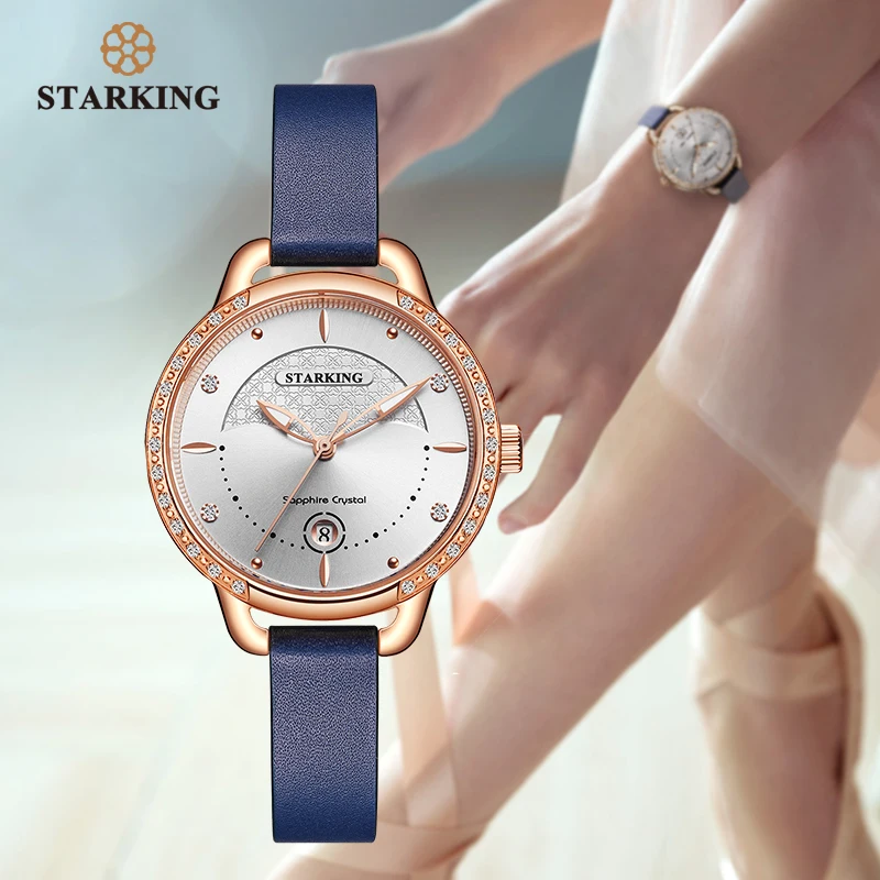 Cena STARKING zegarki damskie diamentowy zegarek kwarcowy na rękę moda Sapphire zegarek ze skórzanym paskiem data dziewczyna zegarek prezent dla żony Relogio