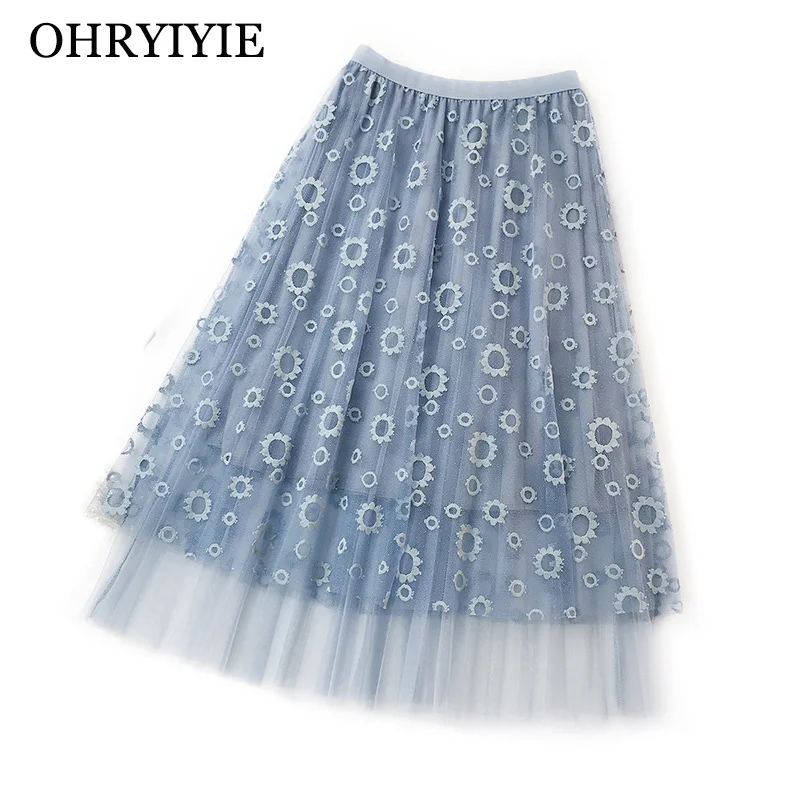 

OHRYIYIE Lace Elegant Tulle Long Skirt Women 2019 New Spring Summer Embroidery A-line Skirts Womens Mesh Skirt Jupe Longue Femme