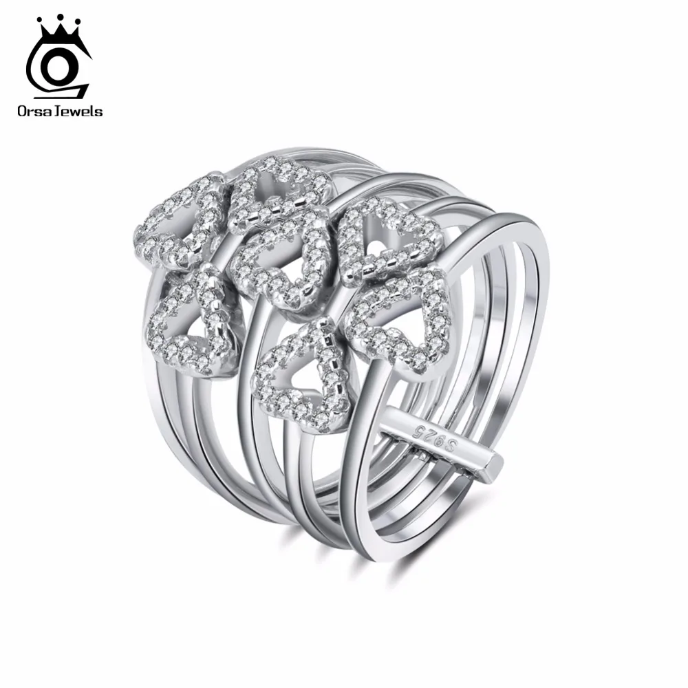 ORSA JEWELS Adjustable Rings For Women Heart Shape AAA Cubic Zircon Silver Color Fashion Ring For Female Jewelry Girl Gift AOR87