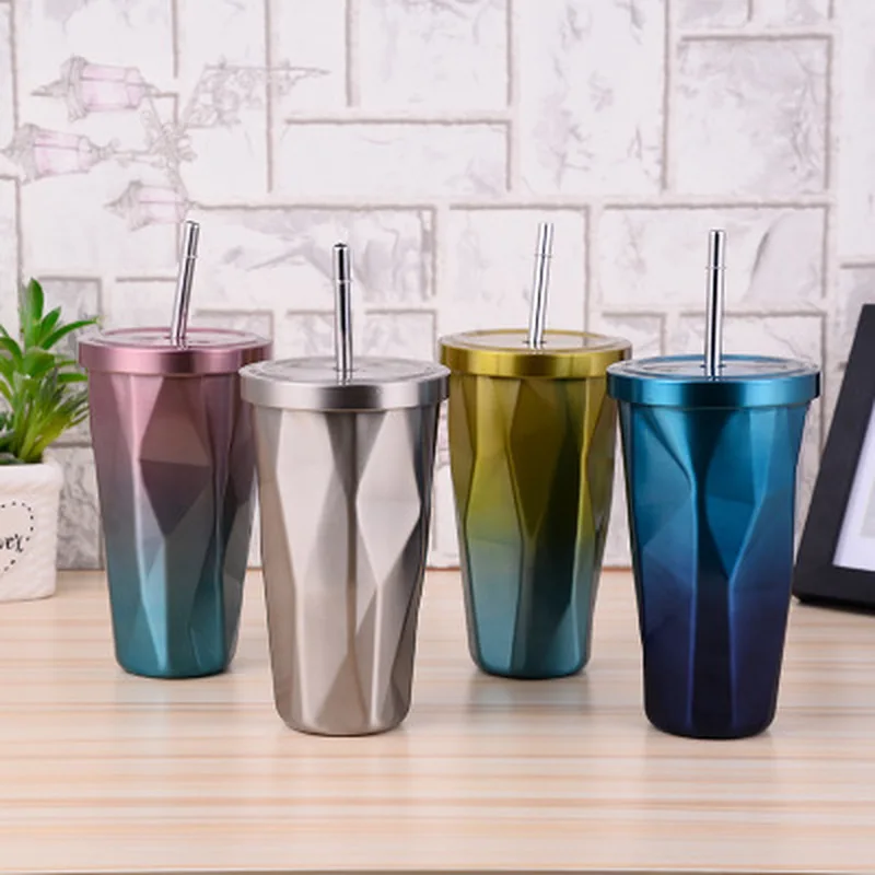 Coffee Mug With Straws Cup 500ml Creative Double Wall Stainless Steel