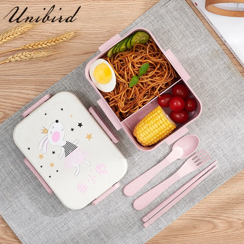 

Portable Cartoon Plastic Lunch Box with Spoon Fork Chopsticks for Children Students Camping Food Container Mircrowave Bento Box