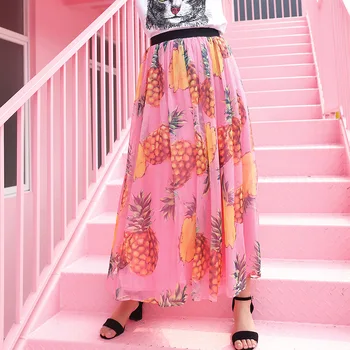 

New Bohemian skirts female summer printed E0634 pineapple elastic waist snow spins A word