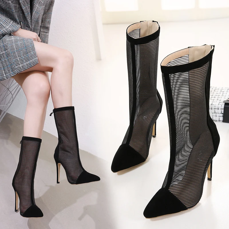 

2019 Luxury Women Lace Zip Boots Sandals Lady Thin 12cm High Heels Fashion Flock Ankle Boots Pointed Toe Sexy Prom Party Shoes