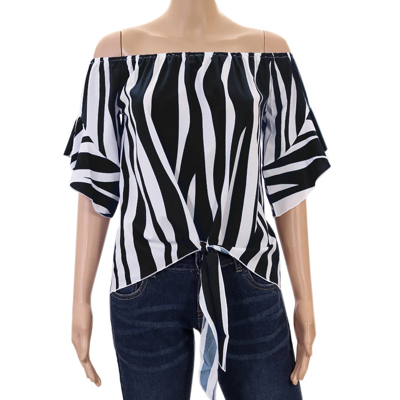 Vente Volants À Manches Courtes Bureau Rayé 2018 D été Femmes Blouses Mousseline de Soie Chemise Décontractée Top Slash Neck Blouse Encolure WS7606F