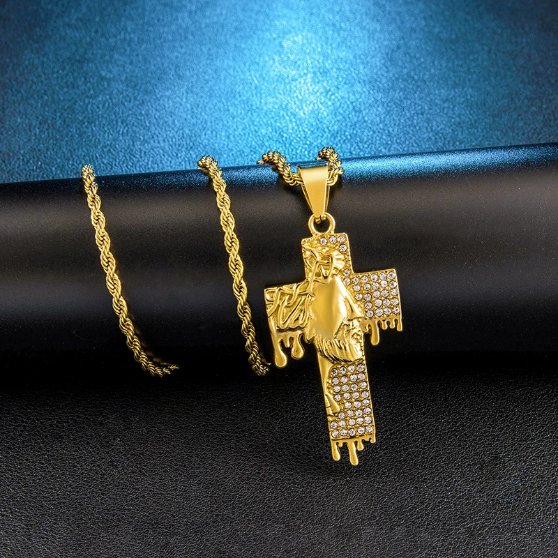 Iced out Bling Золото Цвет Крест Иисуса Нержавеющая сталь Стразы яркие ожерелья и