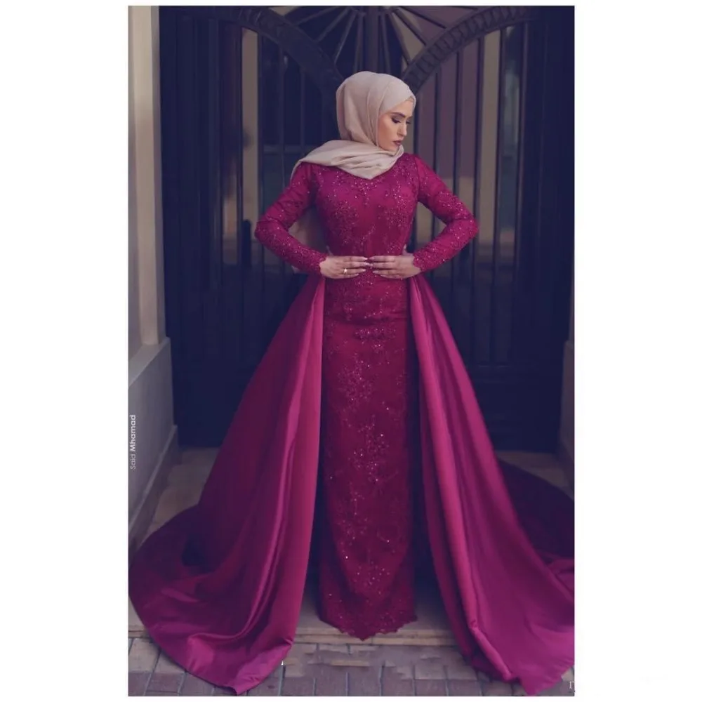С длинным рукавом кружева бисером формальное платье для выпускного вечера Женщины Съемный Поезд исламский Дубай Саудовская Арабский мусульманский Русалка хиджаб вечернее платье
