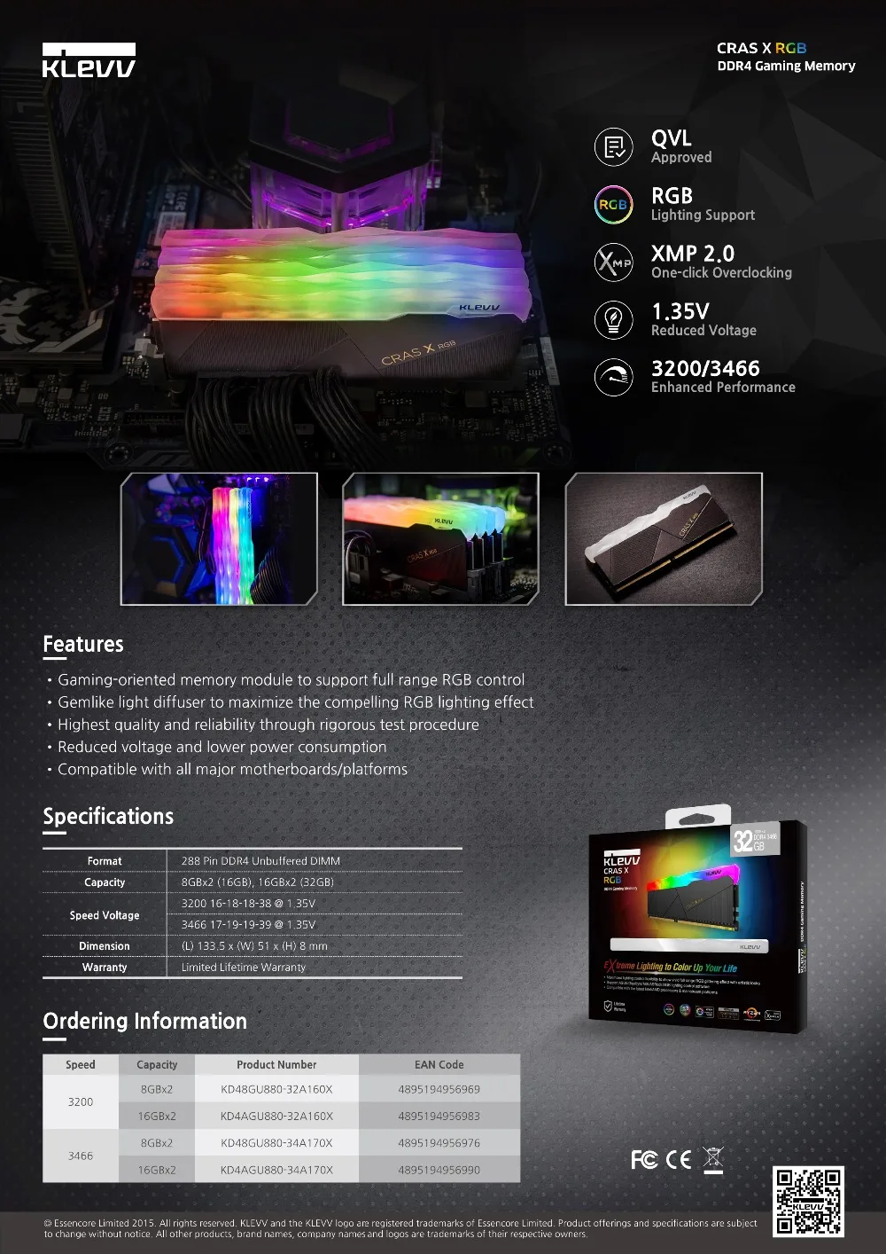 Klevv CRAS-X 16 Гб 2X8 ГБ двухканальная DDR4 RGB 3200 МГц Память DIMM для рабочего стола Внутренняя память поддержка материнской платы ddr4 3200 МГц