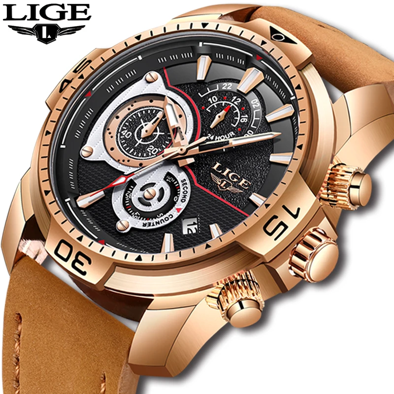 

Relogio LIGE Mens Watches Top Brand Luxury Men's Military Sports Watch Man Leather Waterproof Quartz Watch Relogio Masculino+Box